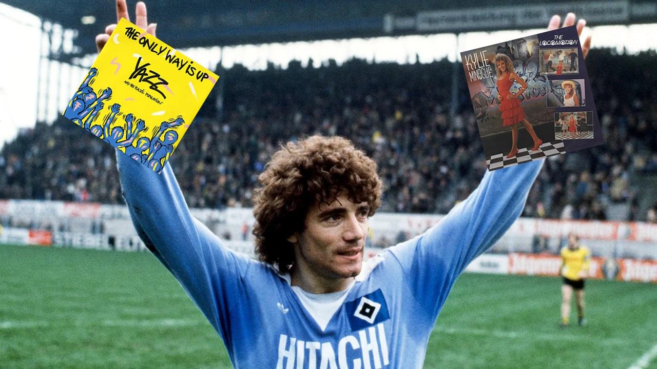 Kevin Keegan holding Yazz and Kylie Minogue records for Primary School discos.