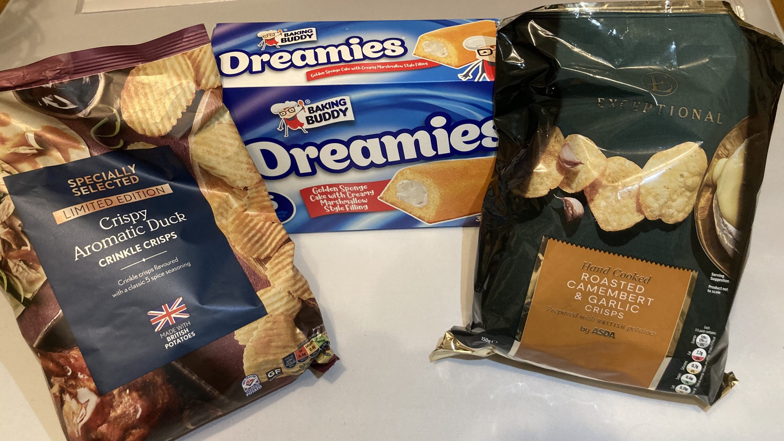 Taste Test snacks:
Crispy Aromatic Duck crisps from Aldi,
Roasted Camembert and Garlic crisps from Asda,
Dreamies imitation Twinkies...possibly from B&M