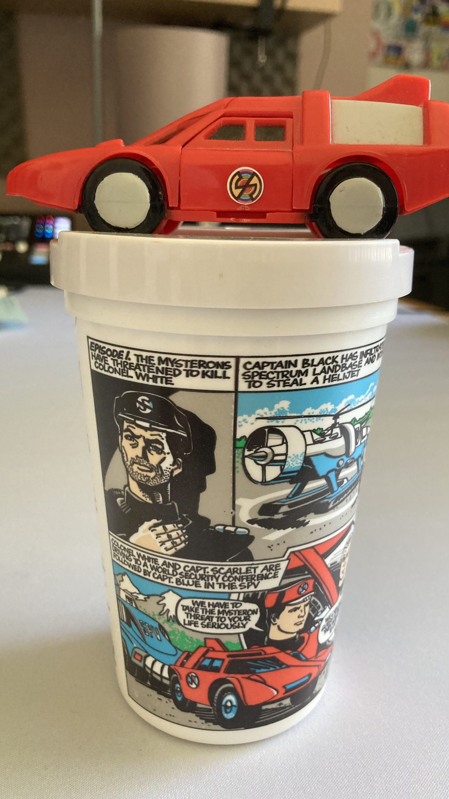 Karen's present to Adam - a 'Captain Scarlet' collectable mug from Pizza Hut