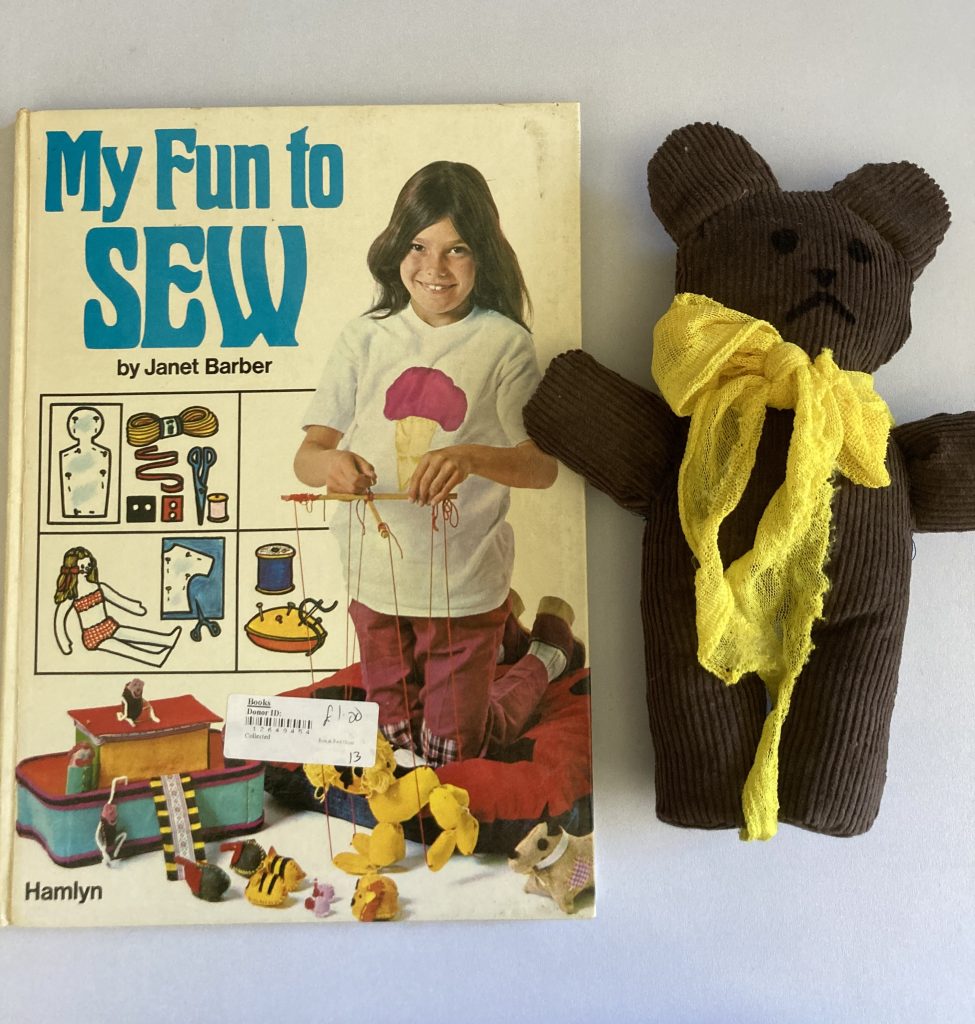 Karen's Bibliotat - 'My Fun To Sew' by Janet Barber and 'Mr. Beans  the teddy bear Karen made (mostly) following along the instructions.