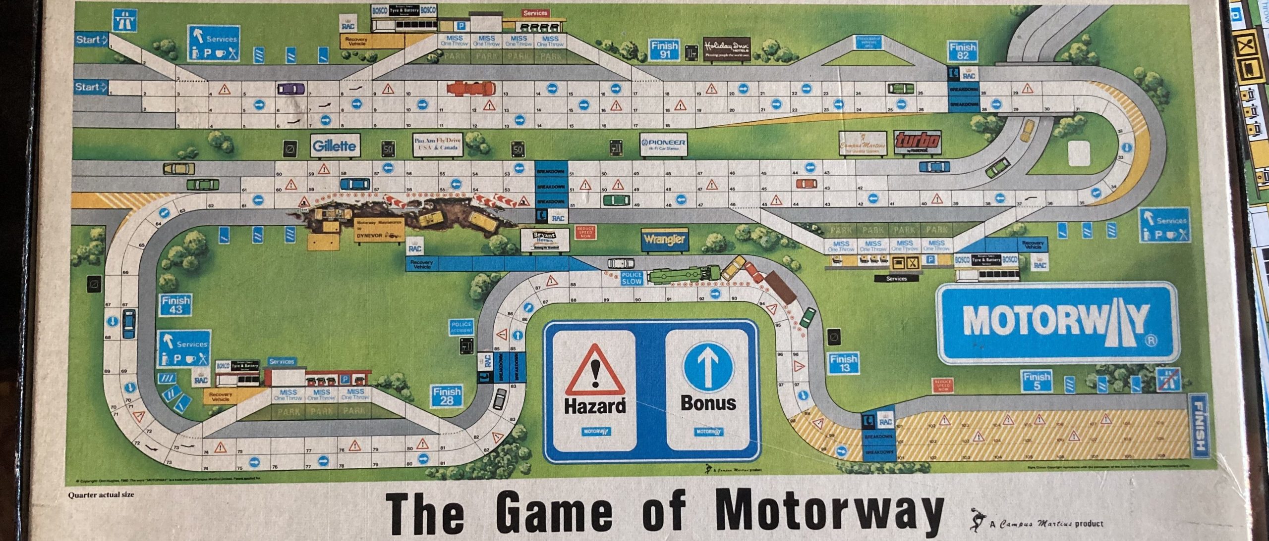 The back of the box for the board game 'Motorway'